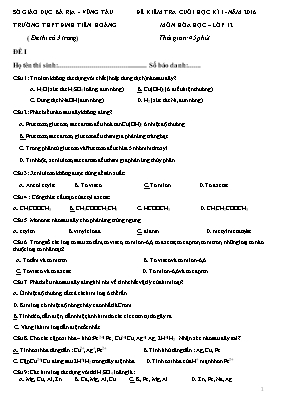 Đề kiểm tra cuối học kì I - Năm 2016 môn Hóa học lớp 12 - Trường THPT Đinh Tiên Hoàng